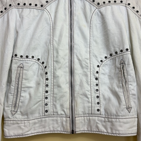 Jakket NY | Cream White Leather & Twill Riveted Studded Zip Pocket Moto Jacket S - Picture 4 of 16